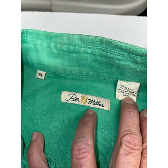 Peter Millar Shirt Mens Large Green Button Up Short Sleeve Linen Silk Blend A18 - Picture 5 of 8